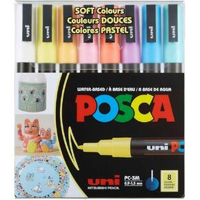 Uni Posca Markers PC-3M, Bullet Shaped 0.9mm to 1.3mm Set of 8 Soft Colors