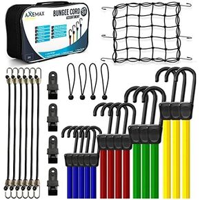 Bungee Cords Heavy Duty Outdoor - 32 PCS Assorted Sizes 10",18",24",32",40", Inches. Adjustable Bungie Straps and Cargo net with Heavy Duty Plastic Coated Metal Hooks