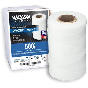 9-Ply Waxed Twine 160 LBS Tensile Strength 500 feet - 8oz spool | 100% Polyester | White Cable Tie Down Wax Lacing Cord | USA Made