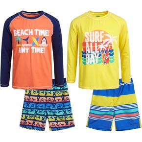 Boys' Rash Guard Set - 4 Piece Bathing Suit Trunks and Long Sleeve Rash Guard Swim Shirt - Swimwear Set (5-12)