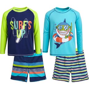 مجموعة Rash Guard للأولاد - ملابس سباحة مكونة من 4 قطع وقميص سباحة Rash Guard بأكمام طويلة - مجموعة ملابس سباحة (5-12)