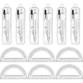 6 Sets Compass and Protractor Sets Student Basics Geometry Math Set Metal Compass and 6 Inch 180 Degree Protractors Geometry Graphing Drawing Tools for Office and School Supplies (Colorful)