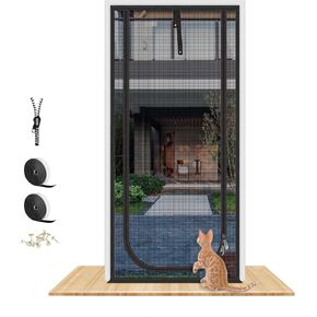 Upgraded Pet Screen Door Fits Doors Up to 30"x80",Heavy Duty Cat Proof Mesh Screen Door with Zipper Closure,Prevent Cats Running Out from Home,Bedroom,Living Room,Kitchen(U-Type,Black)