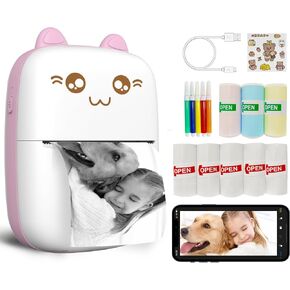 Mini Printer Portable, Inkless Sticker printer with 8 Rolls Paper, Bluetooth Wireless mini thermal printer Compatible with iOS + Android for Journal, Memo, Photo, Print Pod Gifts for Girls Kids (Pink) in Kuwait