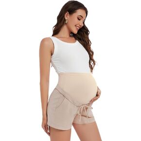 Women's Maternity Shorts Linen-Look Drawstring Cotton Shorts Over Belly Summer Casual Pregnancy Clothes with Pockets