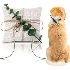 Yunlly 4'' x 4'' Dog Ring Bearer Wedding Pillows with Ring Clasp Off for Dog Collar White Burlap Holder with Greenery for Engagement Wedding Pet Accessory for Small Medium Large Pets