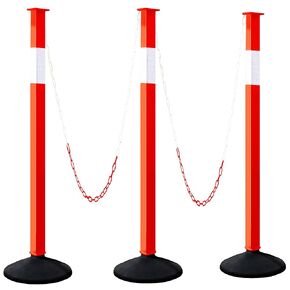[3 Pack] Adjustable Traffic Delineator Post Cones with Rubber Weighted Base & Reflective Collars, Parking Safety Cones with 4 FT Plastic Chains -Orange Driveway & Parking Barrier（Patented）