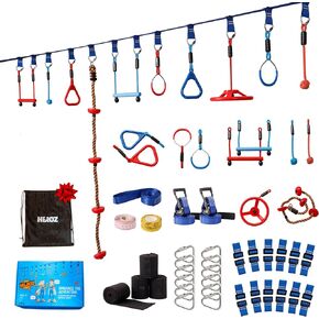 Ninja Warrior Obstacle Course for Kids - 2 x 65 ft Ninja Slackline - Up to 450 Lbs - 10 Weatherproof Obstacles | Setup on Trees or Posts | Ninja Course for Kids Outside | Ninja Course