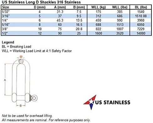 US STAINLESS Stainless Steel 316 Long D Shackle 3/8" (10mm) Marine Grade in Saudi Arabia