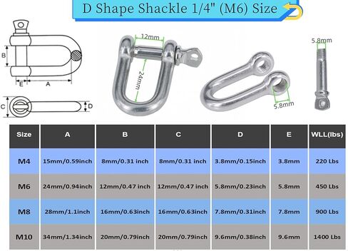 4PCS Stainless Steel Forged D Shape Shackle 3/8" (10mm) for Chains, Wire Rope, Lifting and Landing, Camping, Tow Strap in Kuwait