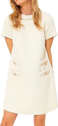 Ladyful Womens Tweed Jackie Dress Short Sleeve Elegant Crew Neck Business Party Vintage Button Bodycon Mini Jackie Dress in Kuwait