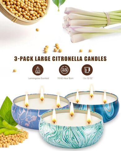 Citronella Candles Outdoor, 3 x 12oz Large Citronella Candle Sets for Home Patio Yard Garden Balcony Backyard Camping, 240hrs Long Lasting, 3 Wicks Natural Soy Wax Jar Candles Indoor in Kuwait