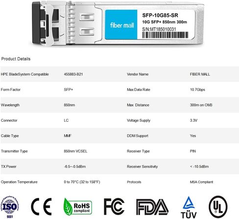 SFP 10G SR for HPE BladeSystem 455883-B21 10GBASE-SR SFP+ 850nm 300m DOM Transceiver Module in Kuwait
