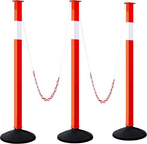 [3 Pack] Adjustable Traffic Delineator Post Cones with Rubber Weighted Base & Reflective Collars, Parking Safety Cones with 4 FT Plastic Chains -Orange Driveway & Parking Barrier（Patented） in Saudi Arabia