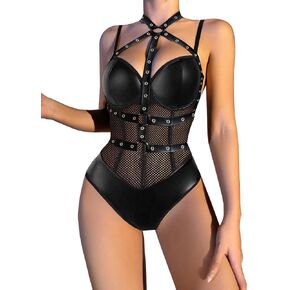 Lilosy مثير متقاطع قلادة جلدية بولي Underwire رفع شبكة شير بيبي دول المرأة تسخير تيدي ارتداءها ثوب النوم قميص النوم قطعة واحدة أسود كبير in Kuwait