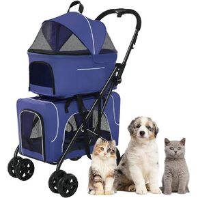 عربة مزدوجة Cat Dog Cat Predable Travel Carrier ، 4 Wheel Pet Dog Clagner Strollers خفيفة الوزن للحيوانات الأليفة للكلاب والقطط ، رائعة لتوأمة أو متعددة (زرقاء) (أزرق) in Kuwait
