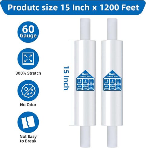 15in Stretch Wrap Roll with Handle, Heavy Duty 1200ft Shrink Wrap Roll, Clear 60 Gauge Industrial Strength Stretch Film with Extended Cardboard Handles, Plastic Wrap for Pallet Packing Moving(2 Rolls) in Saudi Arabia