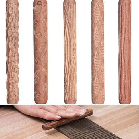 Mini Wooden Clay Rollers Set of 5, Leaf, Fish, Ripple, Cobblestone, and Wood Grain Patterns, Ideal for DIY Crafts in Saudi Arabia