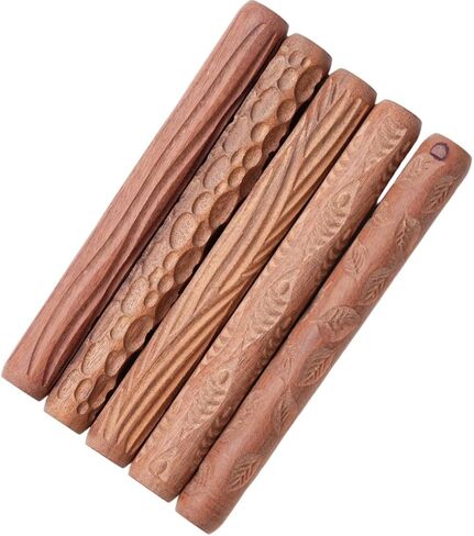 Mini Wooden Clay Rollers Set of 5, Leaf, Fish, Ripple, Cobblestone, and Wood Grain Patterns, Ideal for DIY Crafts in Saudi Arabia