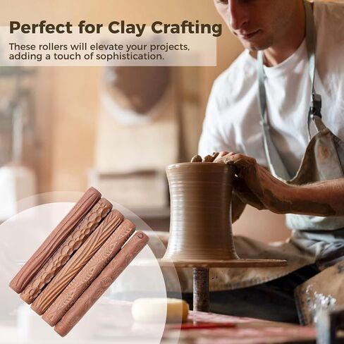 Mini Wooden Clay Rollers Set of 5, Leaf, Fish, Ripple, Cobblestone, and Wood Grain Patterns, Ideal for DIY Crafts in Saudi Arabia