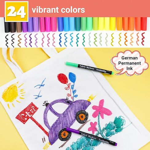 JR.WHITE Fabric Markers Permanent for T Shirts Baby Clothes Onesies Bibs White Pillow Canvas Tote Bags Clothing - No Bleed - Fine Tip - Child Safe & Non Toxic Fabric Paint Pens Set of 24 Colors in Kuwait