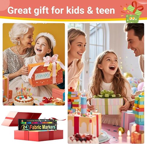 JR.WHITE Fabric Markers Permanent for T Shirts Baby Clothes Onesies Bibs White Pillow Canvas Tote Bags Clothing - No Bleed - Fine Tip - Child Safe & Non Toxic Fabric Paint Pens Set of 24 Colors in Kuwait