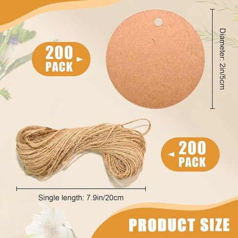 200pcs علامات هدايا Kraft - علامات الورق المستديرة للهدايا مع خيوط الجوت ، علامة مخصصة لحرف عيد الميلاد ، (براون) in Kuwait