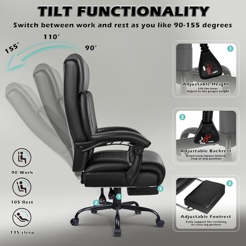 كرسي المكتب التنفيذي 400 رطل من Lemberi مع راحة في القدم ، كرسي مكتب كبير وطويل الشاق ، كراسي كمبيوتر جلدية عالية الظهر (أسود) in Kuwait