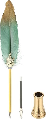Patikil Feather Pen Quill ، Feather Ballpoint Pen Bulk Bulk Confered Vintage Feather Calligraphy Pen مع حامل القلم الذهبي لمكتب زفاف الزفاف المميز للضيوف ، Navy Blue in Kuwait