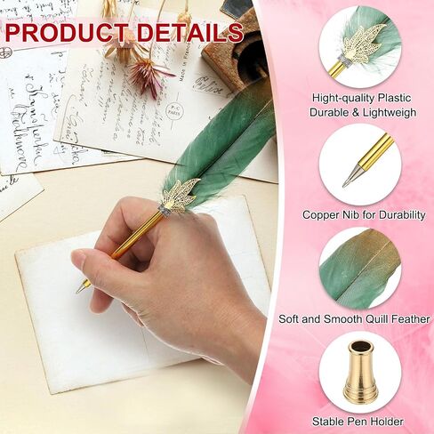 Patikil Feather Pen Quill ، Feather Ballpoint Pen Bulk Bulk Confered Vintage Feather Calligraphy Pen مع حامل القلم الذهبي لمكتب زفاف الزفاف المميز للضيوف ، Navy Blue in Kuwait