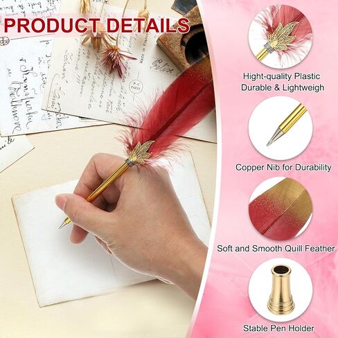 Patikil Feather Pen Quill ، Feather Ballpoint Pen Bulk Bulk Confered Vintage Feather Calligraphy Pen مع حامل القلم الذهبي لمكتب زفاف الزفاف المميز للضيوف ، Navy Blue in Kuwait