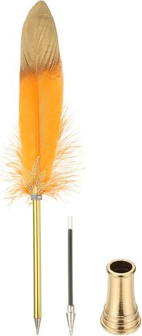 Patikil Feather Pen Quill ، Feather Ballpoint Pen Bulk Bulk Confered Vintage Feather Calligraphy Pen مع حامل القلم الذهبي لمكتب زفاف الزفاف المميز للضيوف ، Navy Blue in Kuwait