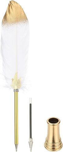 Patikil Feather Pen Quill ، Feather Ballpoint Pen Bulk Bulk Confered Vintage Feather Calligraphy Pen مع حامل القلم الذهبي لمكتب زفاف الزفاف المميز للضيوف ، Navy Blue in Kuwait