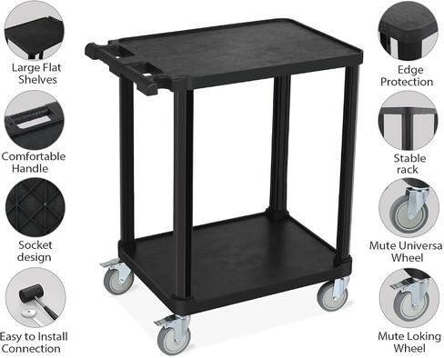 2-Tier Plastic Flat Utility Cart, Commercial Rolling Service Cart on Wheels with Braker, Multi-Function Handle and Large CapacityStorage,Perfect for Warehouse Garage Office,Black in Saudi Arabia