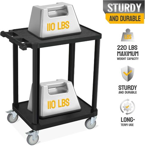 2-Tier Plastic Flat Utility Cart, Commercial Rolling Service Cart on Wheels with Braker, Multi-Function Handle and Large CapacityStorage,Perfect for Warehouse Garage Office,Black in Saudi Arabia