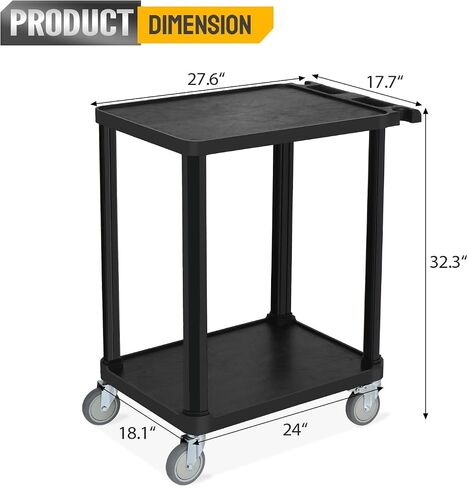 2-Tier Plastic Flat Utility Cart, Commercial Rolling Service Cart on Wheels with Braker, Multi-Function Handle and Large CapacityStorage,Perfect for Warehouse Garage Office,Black in Saudi Arabia