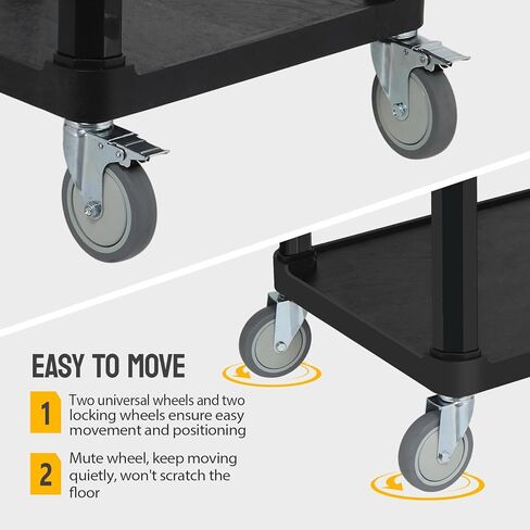 2-Tier Plastic Flat Utility Cart, Commercial Rolling Service Cart on Wheels with Braker, Multi-Function Handle and Large CapacityStorage,Perfect for Warehouse Garage Office,Black in Saudi Arabia