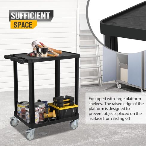 2-Tier Plastic Flat Utility Cart, Commercial Rolling Service Cart on Wheels with Braker, Multi-Function Handle and Large CapacityStorage,Perfect for Warehouse Garage Office,Black in Saudi Arabia