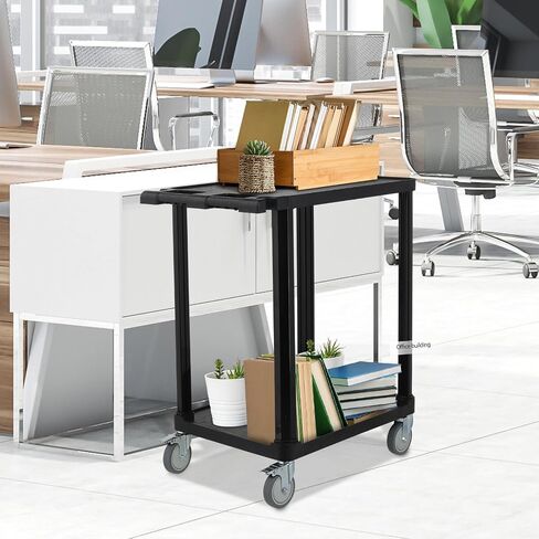 2-Tier Plastic Flat Utility Cart, Commercial Rolling Service Cart on Wheels with Braker, Multi-Function Handle and Large CapacityStorage,Perfect for Warehouse Garage Office,Black in Saudi Arabia