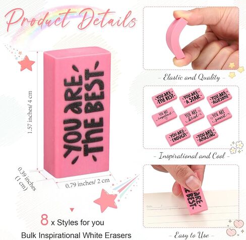PerKoop 50 Pcs Inspirational Pink Erasers Bulk Small Motivational Block Pencil Erasers You are Awesome Gifts for Kids Students Teachers Classroom Office Stationery Supplies in Saudi Arabia