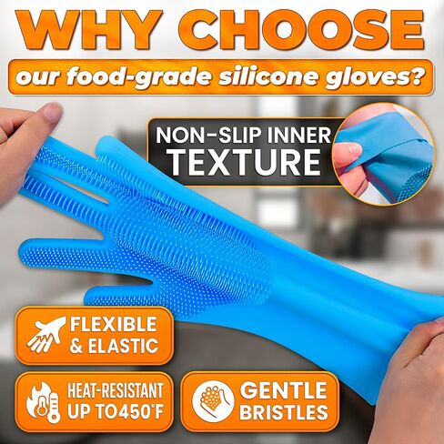 ALPENKOK 1 Pair Silicone Gloves for Washing Dishes – Tear-Resistant Silicone Dishwashing Gloves with Scrubber |Household Use in Kuwait