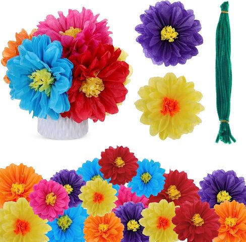 18 Pcs Colorful Fiesta Tissue Paper Flowers with 30 Pcs Green Pipe Cleaners Mexican Carnival Tissue Paper Flowers Chenille Stems Floral for Fiesta Party Baby Shower Wedding Birthday Party(Vivid) in Saudi Arabia