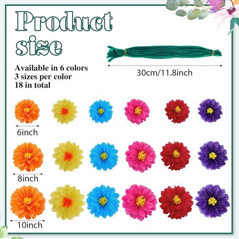 18 Pcs Colorful Fiesta Tissue Paper Flowers with 30 Pcs Green Pipe Cleaners Mexican Carnival Tissue Paper Flowers Chenille Stems Floral for Fiesta Party Baby Shower Wedding Birthday Party(Vivid) in Saudi Arabia