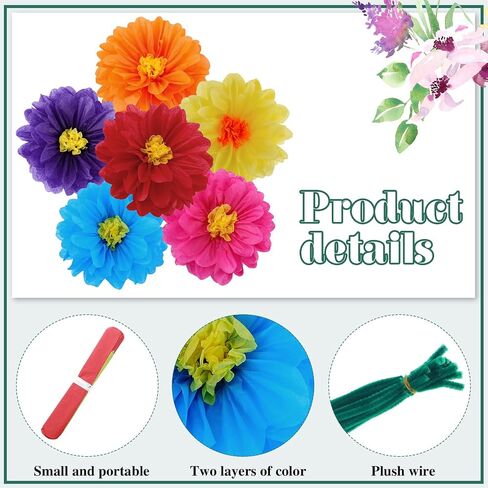 18 Pcs Colorful Fiesta Tissue Paper Flowers with 30 Pcs Green Pipe Cleaners Mexican Carnival Tissue Paper Flowers Chenille Stems Floral for Fiesta Party Baby Shower Wedding Birthday Party(Vivid) in Saudi Arabia