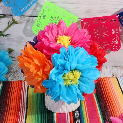 18 Pcs Colorful Fiesta Tissue Paper Flowers with 30 Pcs Green Pipe Cleaners Mexican Carnival Tissue Paper Flowers Chenille Stems Floral for Fiesta Party Baby Shower Wedding Birthday Party(Vivid) in Saudi Arabia