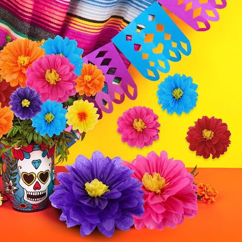 18 Pcs Colorful Fiesta Tissue Paper Flowers with 30 Pcs Green Pipe Cleaners Mexican Carnival Tissue Paper Flowers Chenille Stems Floral for Fiesta Party Baby Shower Wedding Birthday Party(Vivid) in Saudi Arabia
