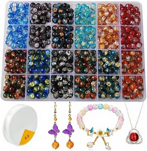 600pcs 8mm Crackle Glass Beads for Bracelet Jewelry Making Kit with 1 Roll Crystal Elastic Cord, 12 Colors Crystal Glass Beads for DIY Craft Friendship Ankle Necklace Earring Jewelry Making in Saudi Arabia