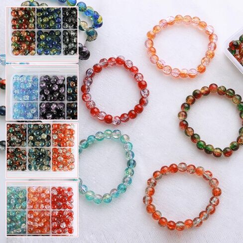 600pcs 8mm Crackle Glass Beads for Bracelet Jewelry Making Kit with 1 Roll Crystal Elastic Cord, 12 Colors Crystal Glass Beads for DIY Craft Friendship Ankle Necklace Earring Jewelry Making in Saudi Arabia