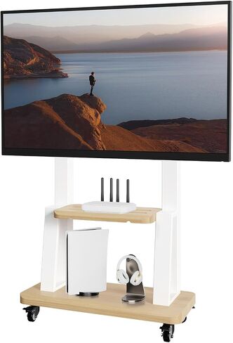 Mobile TV Cart for 32-75 Inch Flat/Curved LED/LCD/OLED TVs, Height Adjustable Rolling TV Stand with Wheels, Heavy Duty Portable Floor TV Stand with Steel Shelf Base, Holds up to 180lbs (White, 601) in Saudi Arabia