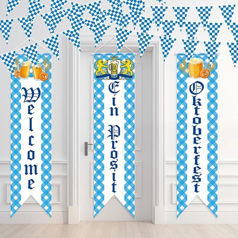 Oudain Oktoberfest Party Decoration 3 Bavarian Welcome Banners 32. 8 ft Blue and White Checkered Pennant Flag, Hanging Octoberfest Decor for Bavarian Festival Parade Beer Outdoor Supplies in Saudi Arabia